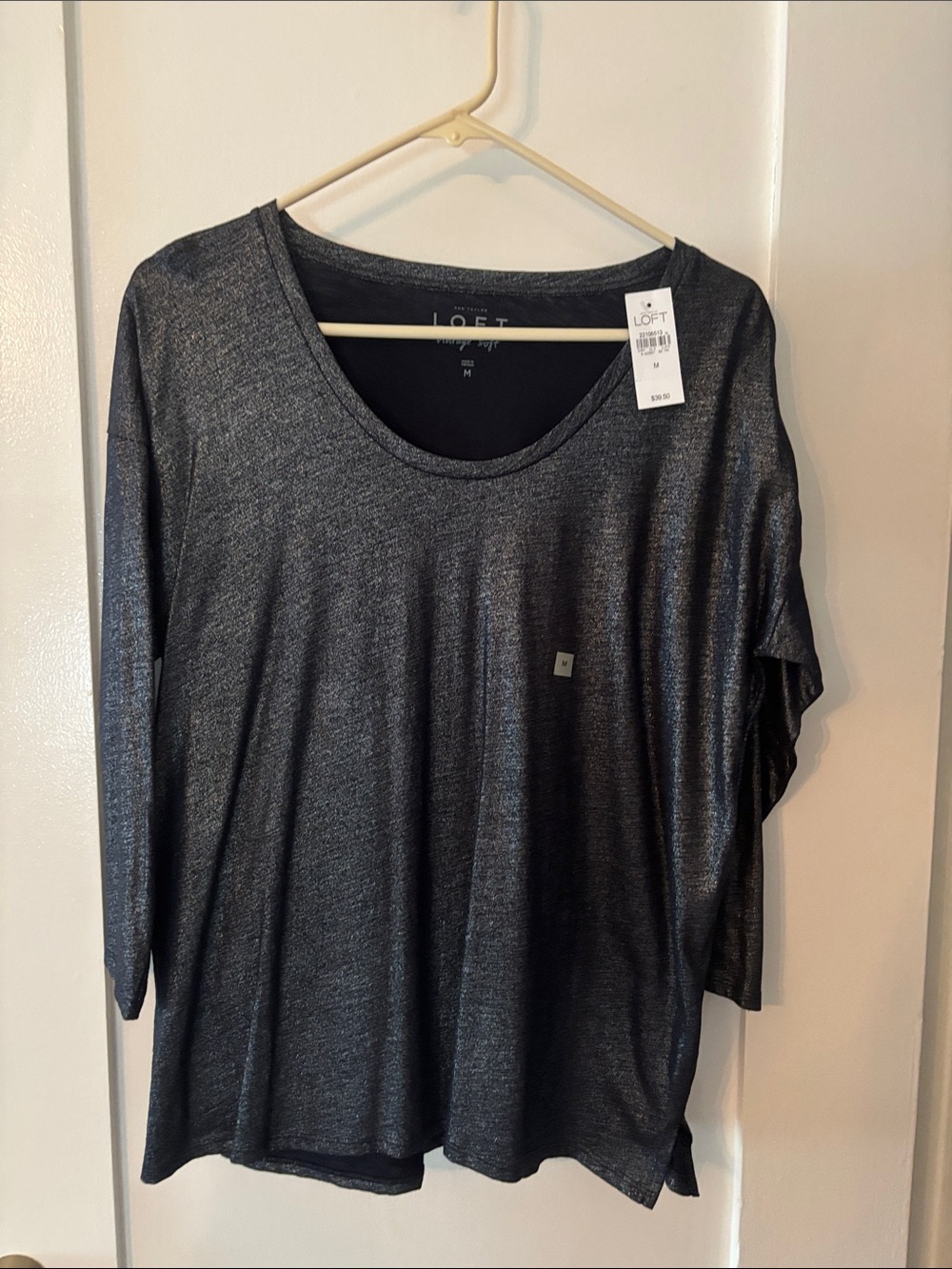 LOFT Metallic Charcoal Scoop-Neck Long Sleeve Top